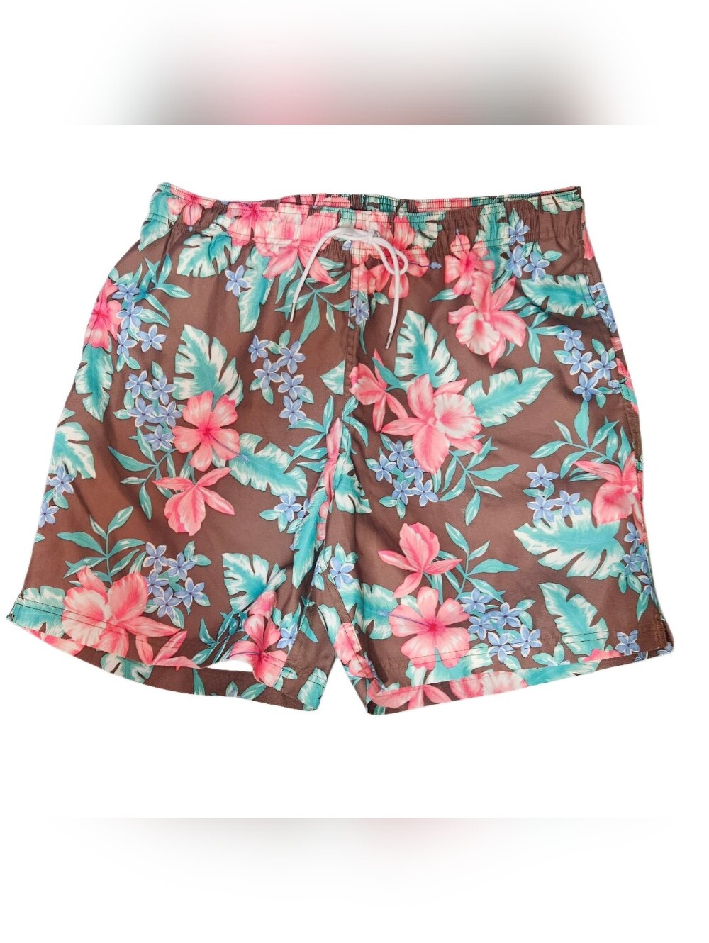 Lands End Men's Brown Tropical Floral Swim Trunks Sz XL - Pink & Teal. EUC